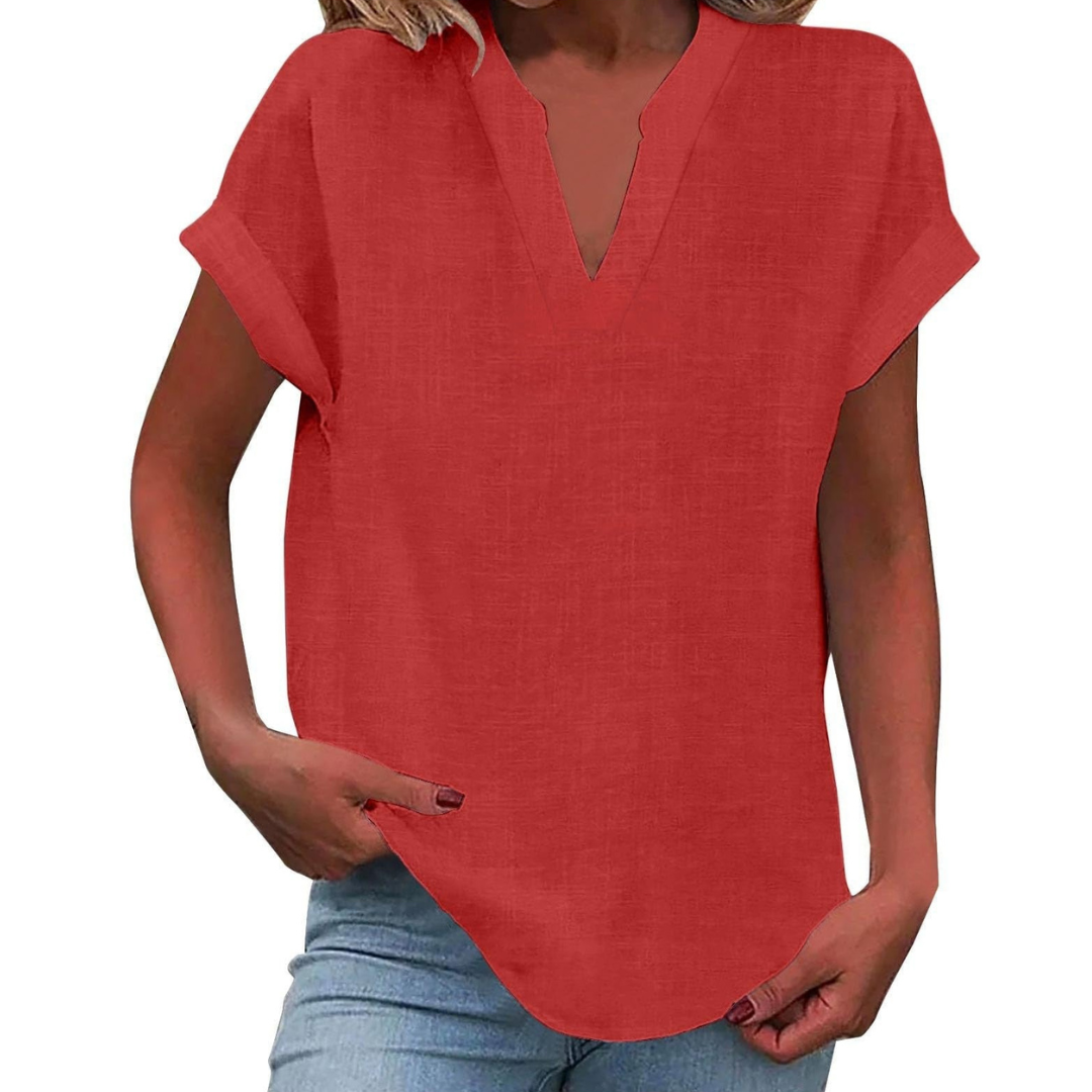 Women's V-Neck Blouse Short Sleeve Plain Curved Hem Top 4