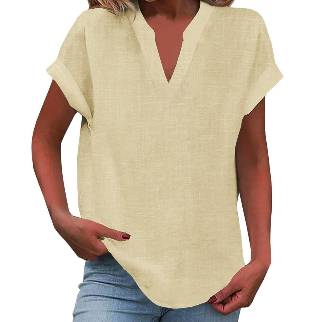 Women's V-Neck Blouse Short Sleeve Plain Curved Hem Top 7