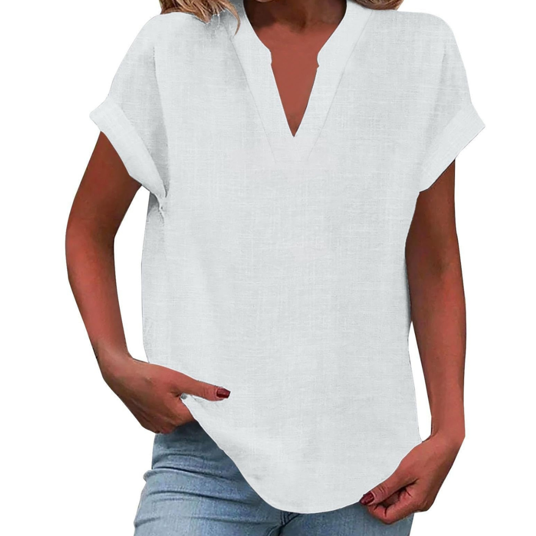 Women's V-Neck Blouse Short Sleeve Plain Curved Hem Top 9