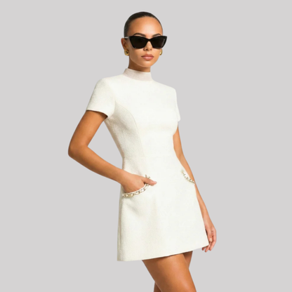 Chic Collection | Women's Mini Dress with Pearl Trim & Pocket Detail | Stylish Versatility for Spring & Summer Occasions