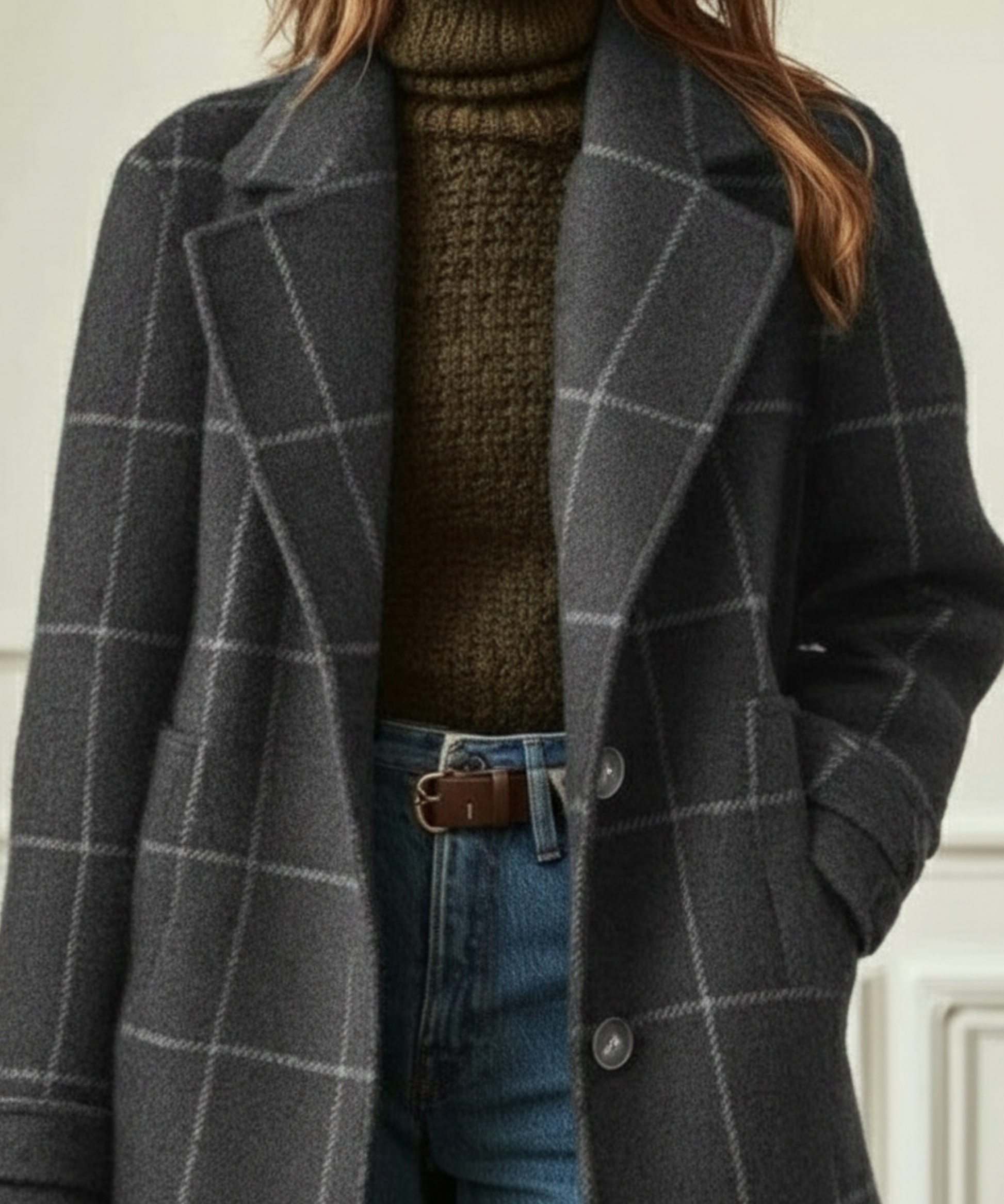 Women's Wool-Blend Check Coat — Lapel Collar Tweed Style 5