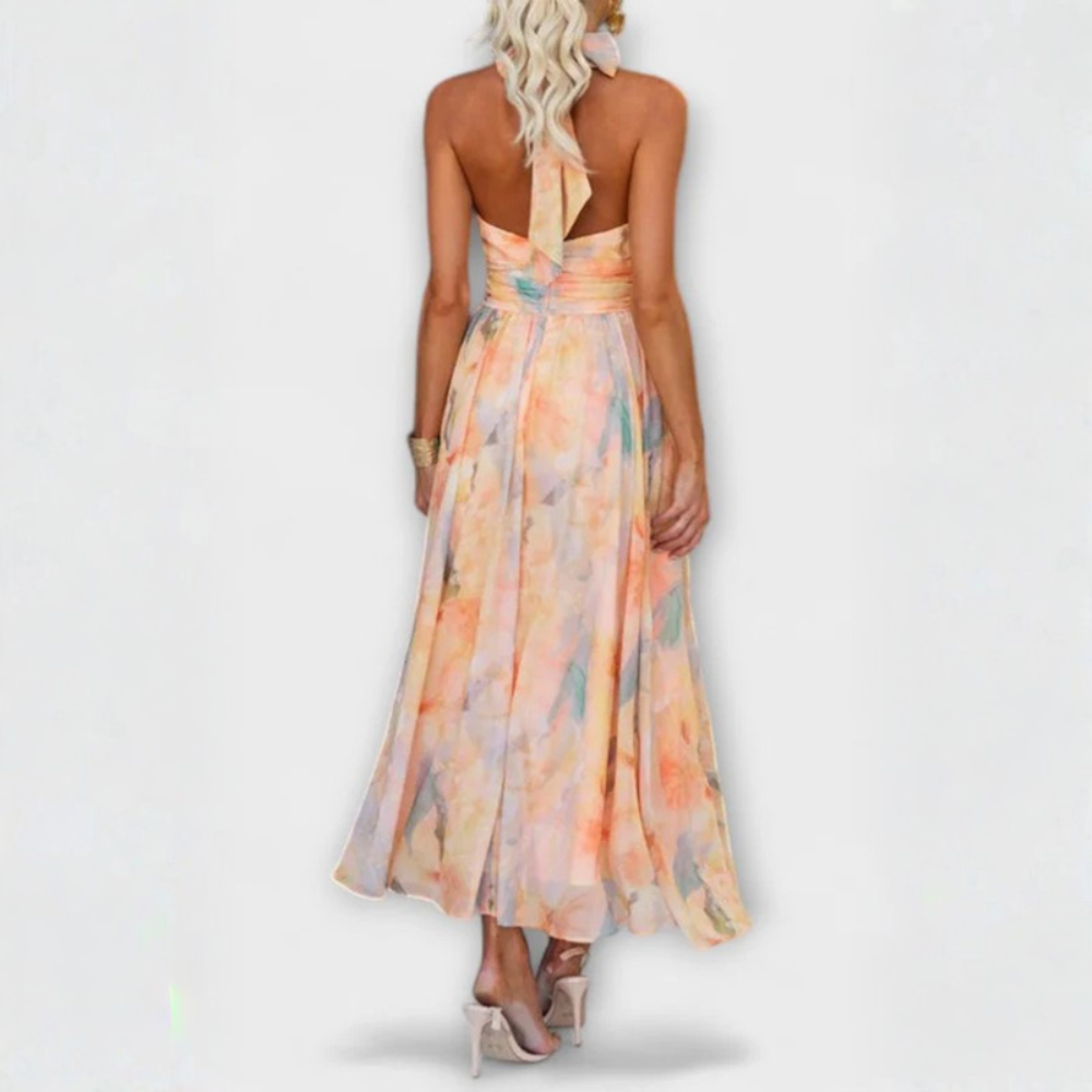 Elegant Maxi Dresses for Women | Floral Print Halter Neck Design | Flowy Silhouette for Warm-Weather Events