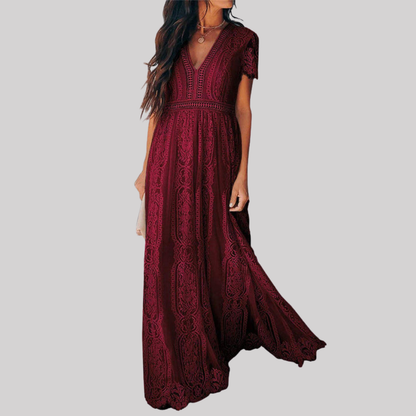 Elegant Lace Maxi Dress | Women's Dress with Deep V Neck & Short Sleeves | Perfect Wedding Guest Dress for Timeless Style