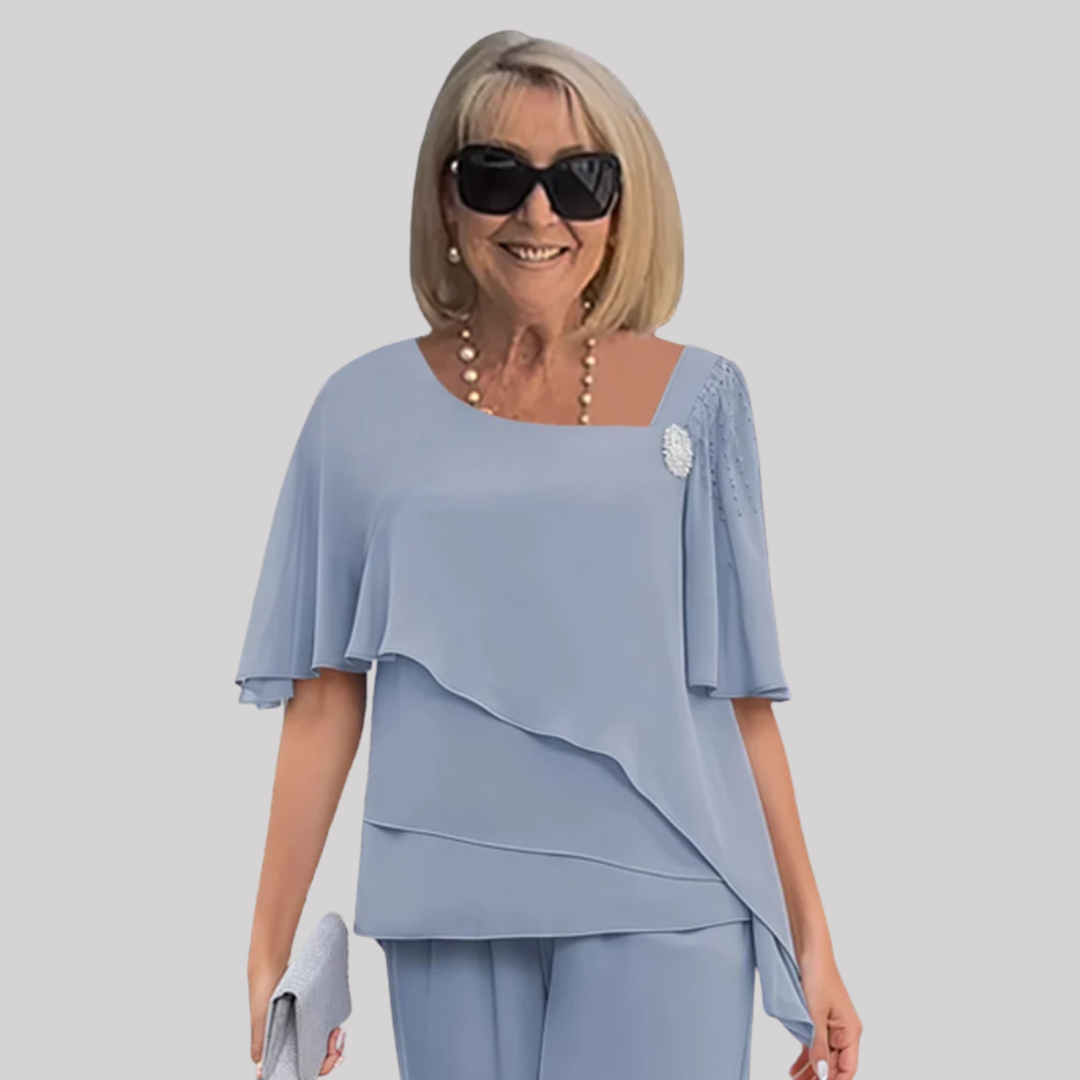 Navy Women's Set | Elegant Two-Piece Overlay with Decorative Brooch | Sophisticated Style for Formal Occasions