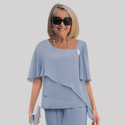 Navy Women's Set | Elegant Two-Piece Overlay with Decorative Brooch | Sophisticated Style for Formal Occasions