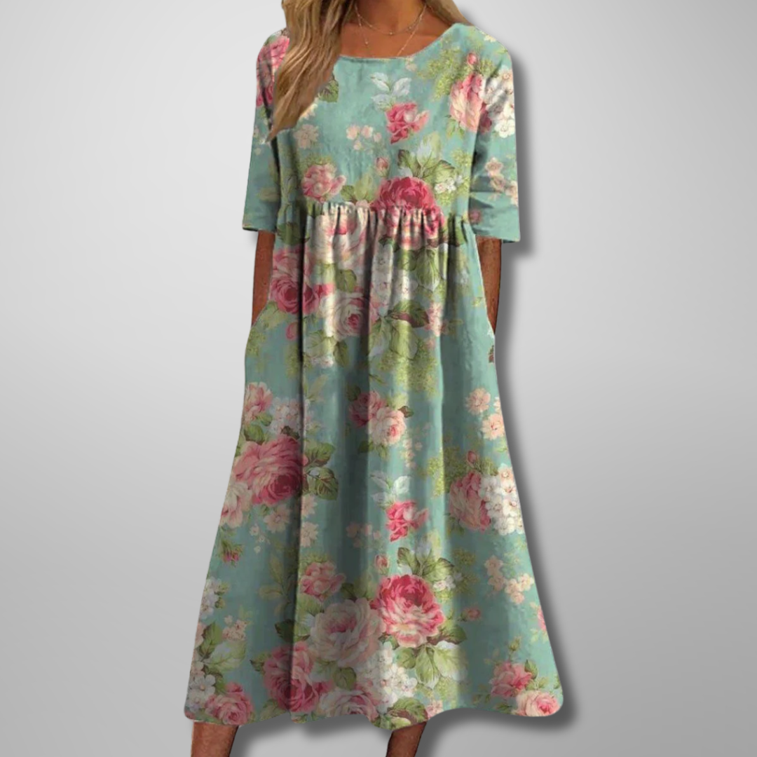 Women's Midi Dress Short Sleeve Loose Fit Botanical Print 2