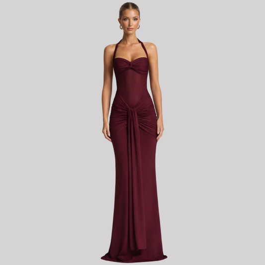 Elegant Maxi Dress | Halter Neck Long Dress with Ruched Bodice | Perfect for Formal Events