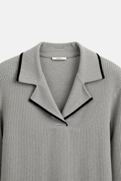 Contrast Trim Lapel Sweater — Lightweight Cotton Blend Knit 8