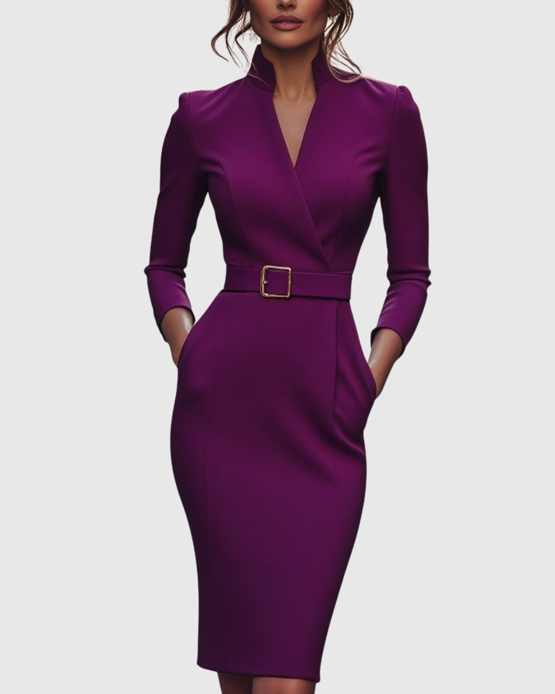 Claribel Refined Midi Dress — Mock Wrap Pencil Silhouette 7