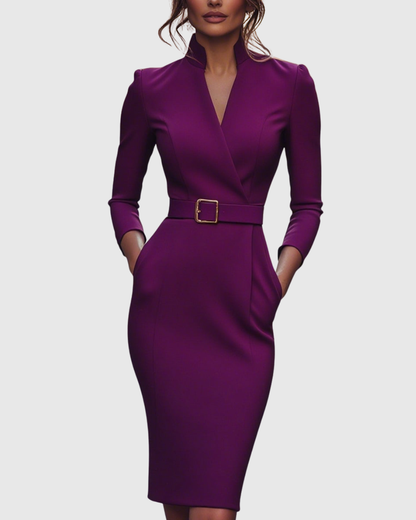 Claribel Refined Midi Dress — Mock Wrap Pencil Silhouette 7