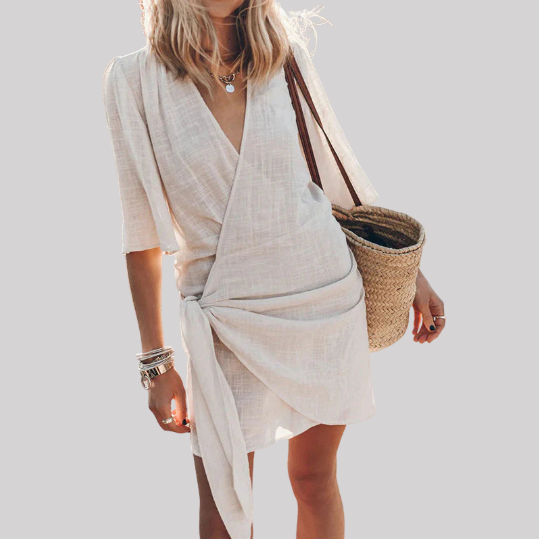 Effortless Summer | Women's Wrap Mini Dress with Tie Waist & Asymmetrical Hem | Lightweight Linen for Comfort