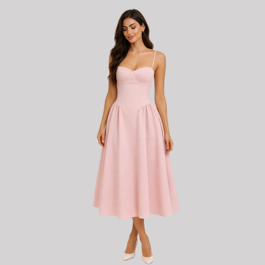 Elegant Midi Dress | Corset Bodice A-Line Design with Flared Skirt | Perfect for Formal Occasions