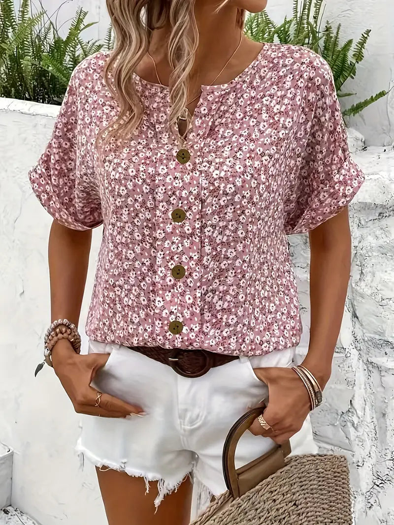 Floral Print Blouse Women — Button-Front Split Neckline 4