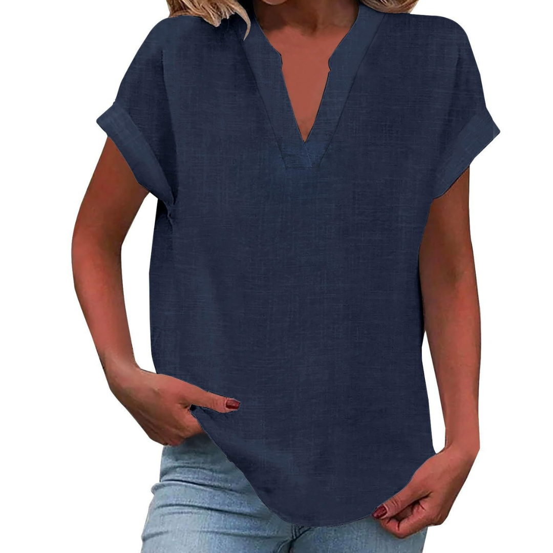 Women's V-Neck Blouse Short Sleeve Plain Curved Hem Top 12