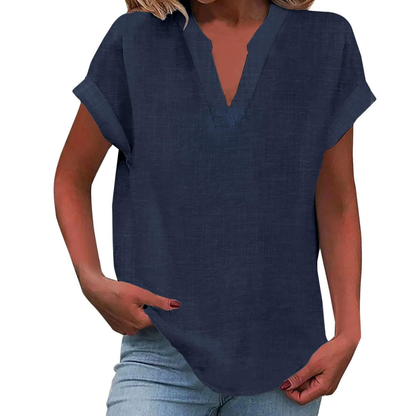 Women's V-Neck Blouse Short Sleeve Plain Curved Hem Top 12