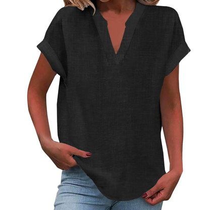 Women's V-Neck Blouse Short Sleeve Plain Curved Hem Top 11