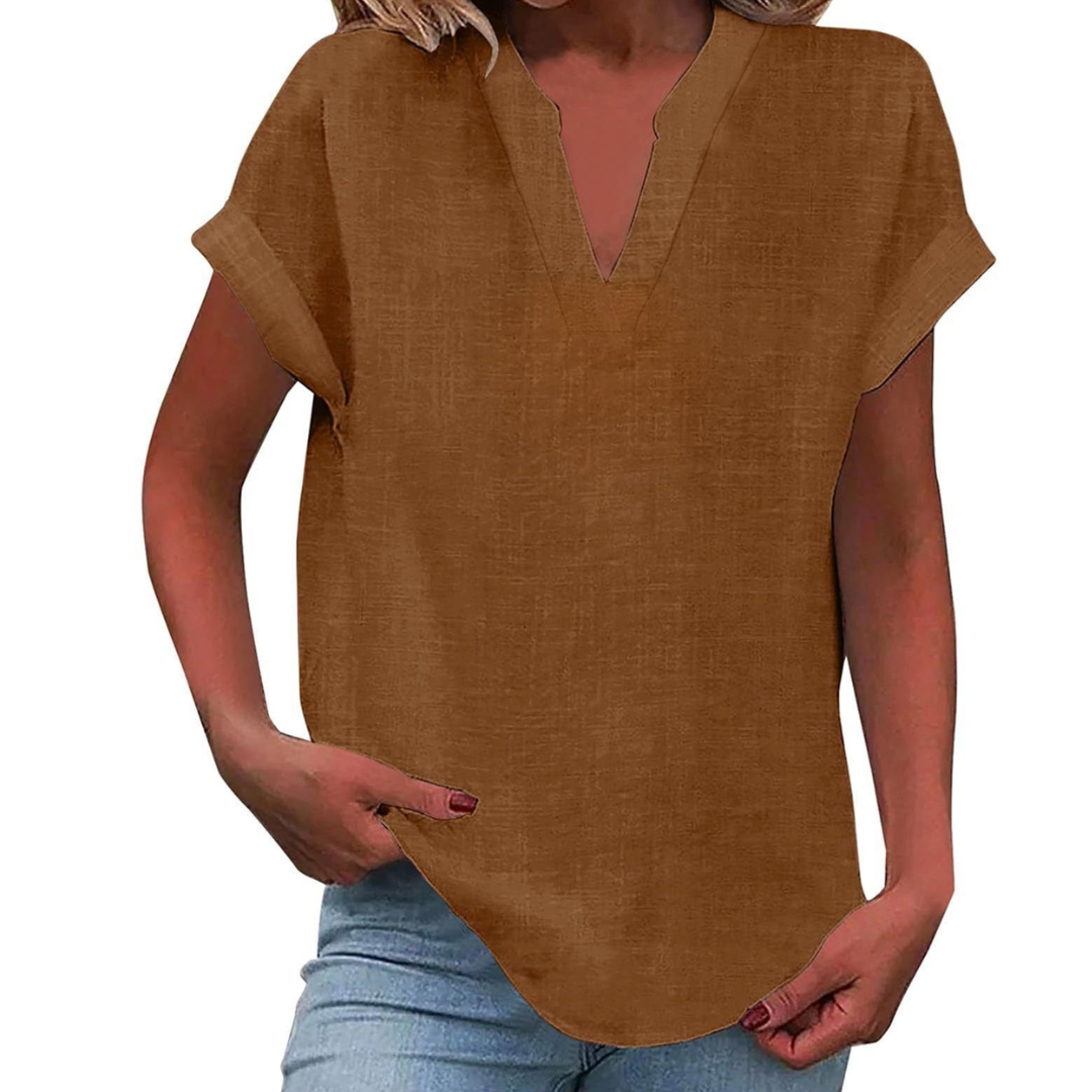 Women's V-Neck Blouse Short Sleeve Plain Curved Hem Top 14