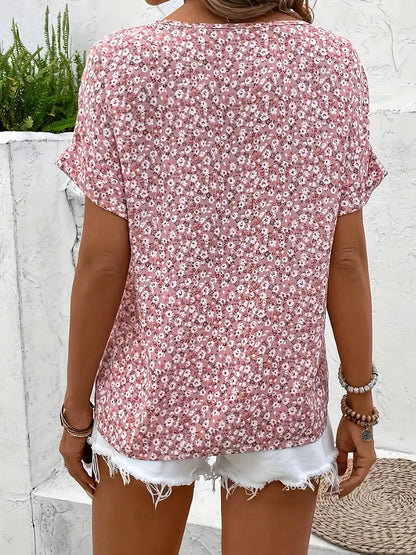 Floral Print Blouse Women — Button-Front Split Neckline 2