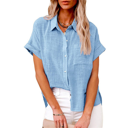 Women's Short Sleeve Button-Down Shirt with Chest Pocket 4
