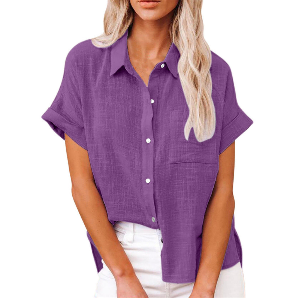 Women's Short Sleeve Button-Down Shirt with Chest Pocket 8