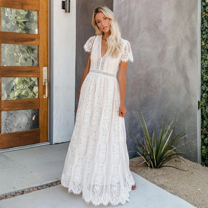 Elegant Lace Maxi Dress | Women's White Dress with Sheer Waistband | Formal Wedding Guest Outfit for Graceful Style