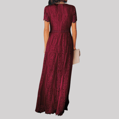 Elegant Burgundy Maxi Dress for Women with Deep V Neckline | Romantic Style for Special Occasions