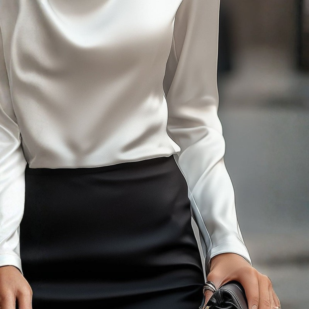 Elegant White Blouse for Women with Draped Neckline | Luxurious Satin Fabric for Sophisticated Style