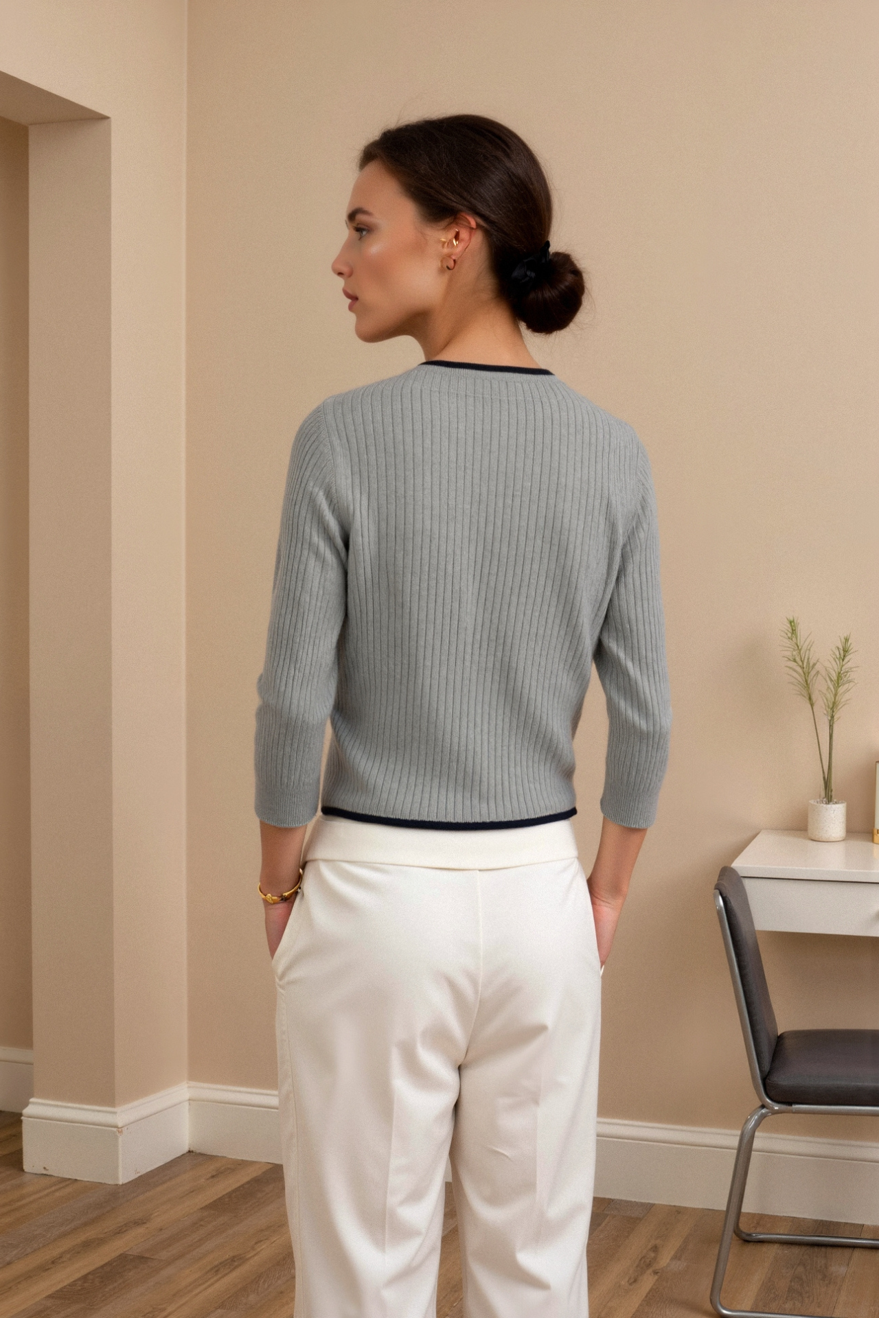 Contrast Trim Lapel Sweater — Lightweight Cotton Blend Knit 4