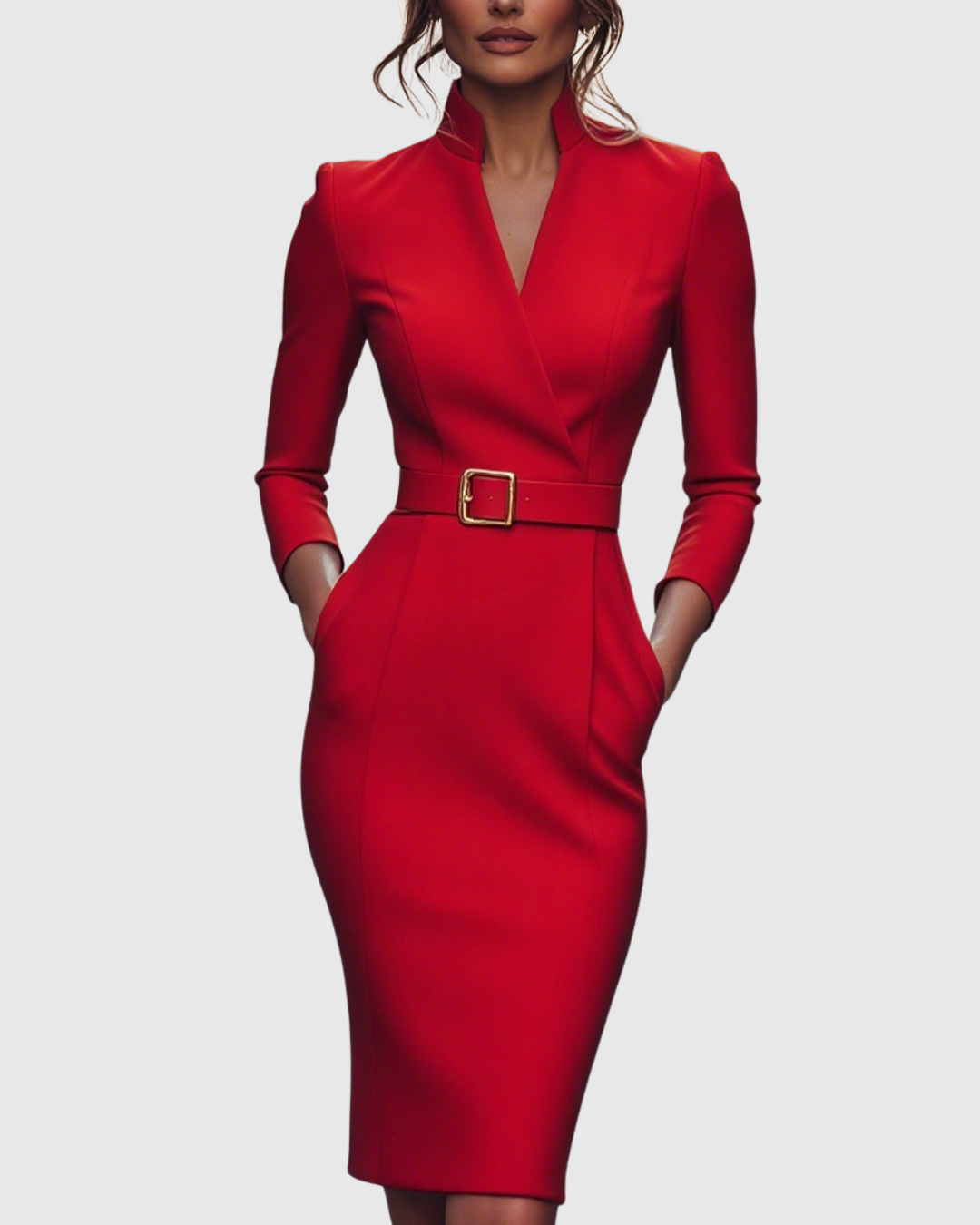 Claribel Refined Midi Dress — Mock Wrap Pencil Silhouette 12