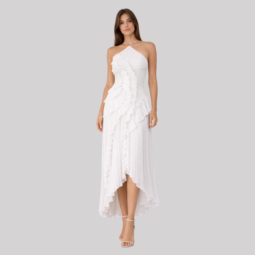 Elegant Summer Maxi Dress with Layered Ruffles & Open Back Design for Wedding Guests