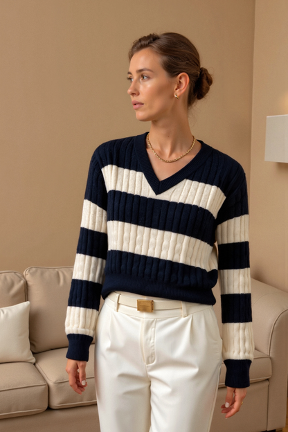 Cable Knit Color Block Sweater — Elegant Drop Shoulder V-Neck 2
