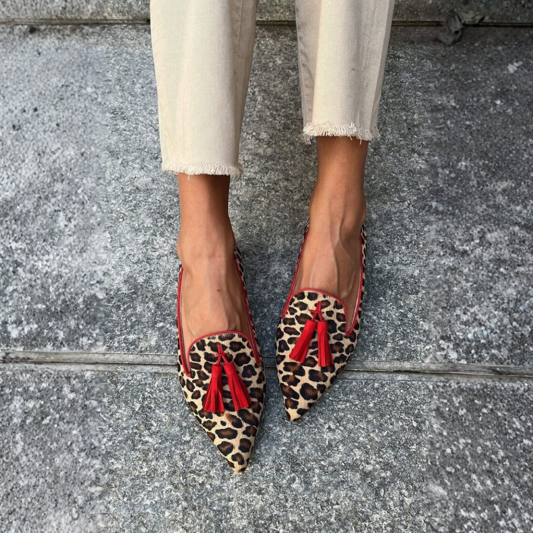 Pointed Loafers for Women with Red Tassels & Animal Print Design | Chic Style for Versatile Outfits
