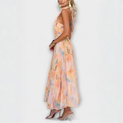 Elegant Maxi Dresses for Women | Floral Print Halter Neck Design | Flowy Silhouette for Warm-Weather Events