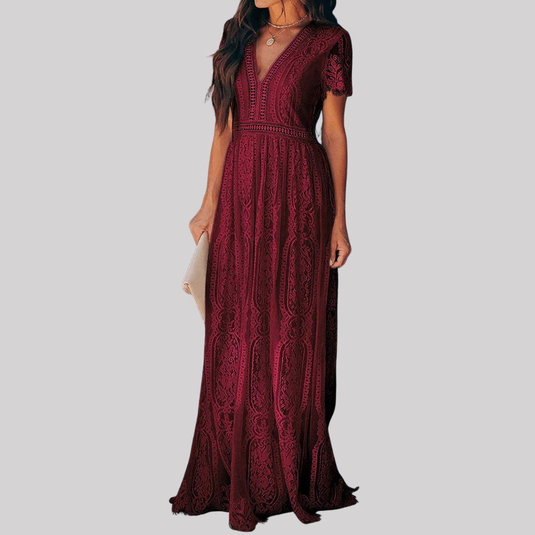 Elegant Lace Maxi Dress | Women's Dress with Deep V Neck & Short Sleeves | Perfect Wedding Guest Dress for Timeless Style