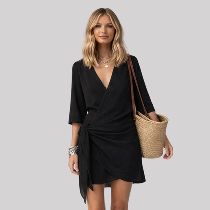 Effortless Summer | Women's Wrap Mini Dress with Tie Waist & Asymmetrical Hem | Lightweight Linen for Comfort