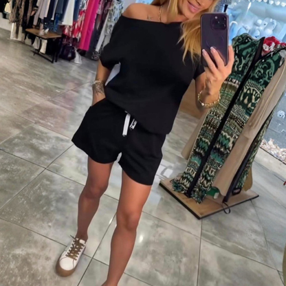Chic Lounge Set | Women's Loungewear with Relaxed Fit Top & Drawstring Shorts for Effortless Style