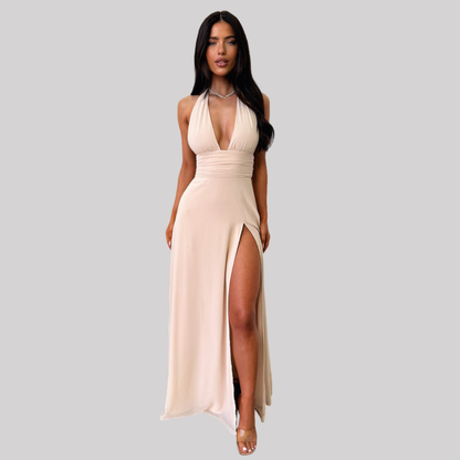 Elegant Halter Neck Maxi Dress with High Side Slit | Stylish Long Dress for Effortless Summer Elegance