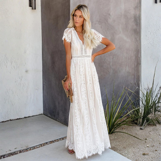 Elegant Lace Maxi Dress | White Maxi Dress with Tulle Underlay for Romantic Occasions