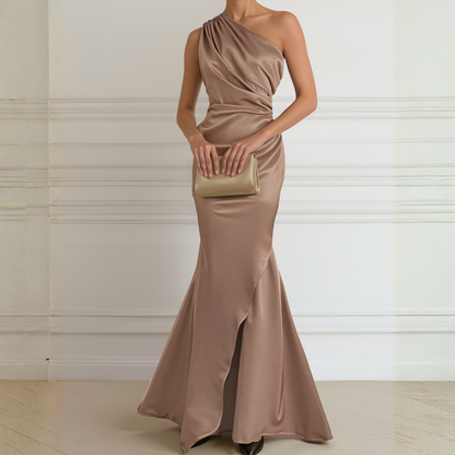 Elegant Evening Gown | Champagne Satin One-Shoulder Dress with Luxurious Drape | Formal Wear for Timeless Sophistication
