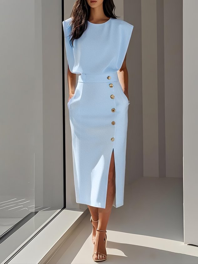 Sleeveless Midi Dress with Side Button Detail & Front Slit 3