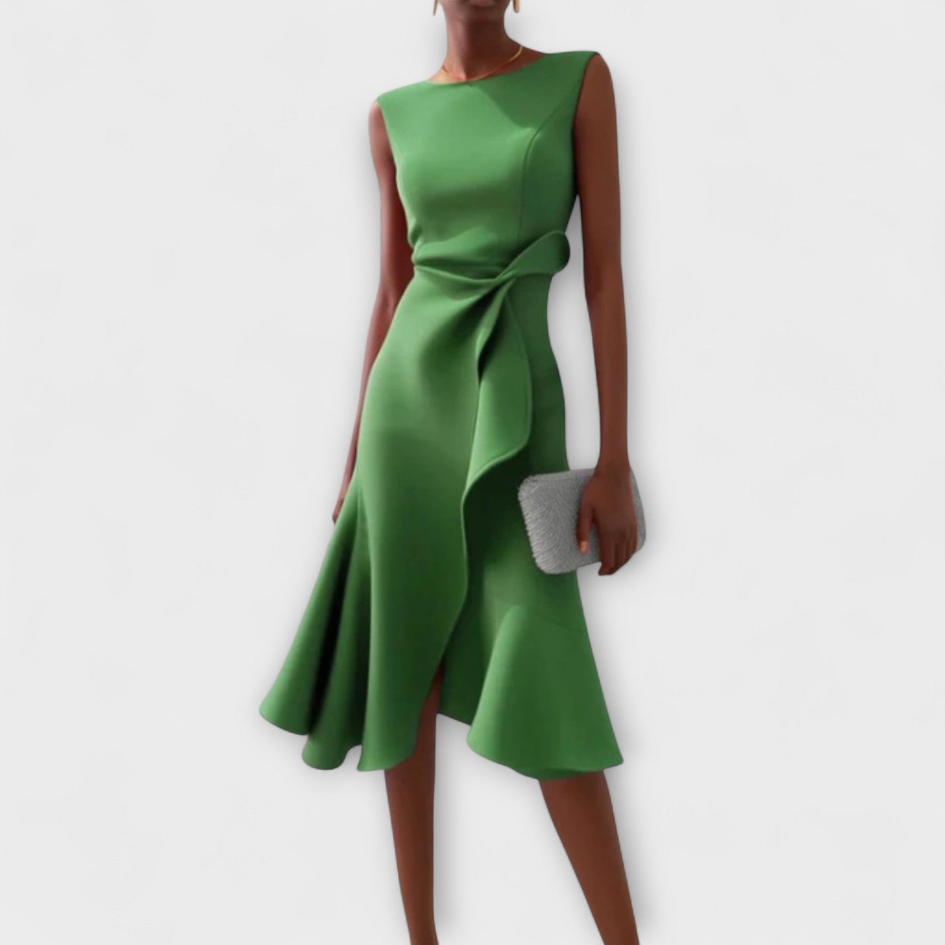 Ruffle Hem Wrap Detail Midi Dress — Sleeveless Flared Skirt 6