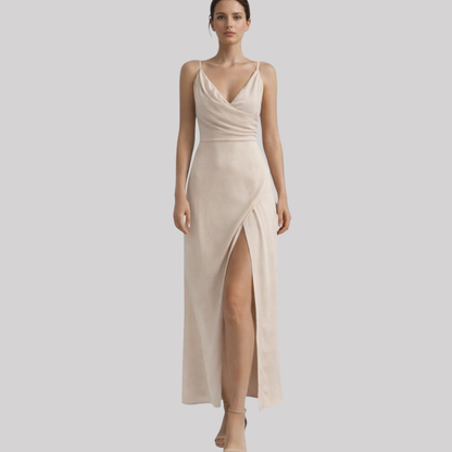 Elegant Maxi Dress | Women's Formal Dress with High Slit & Draped Bodice | Perfect for Weddings and Special Occasions