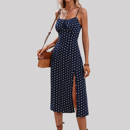 Chic Floral | Women's Midi Dress with Side Slit & Curved Neckline | Elegant Summer Dress for Effortless Style
