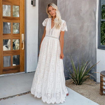Elegant Lace Maxi Dress | White Maxi Dress with Tulle Underlay for Romantic Occasions