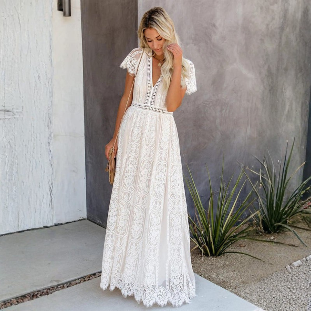Elegant Lace Maxi Dress | Women's White Dress with Sheer Waistband | Formal Wedding Guest Outfit for Graceful Style