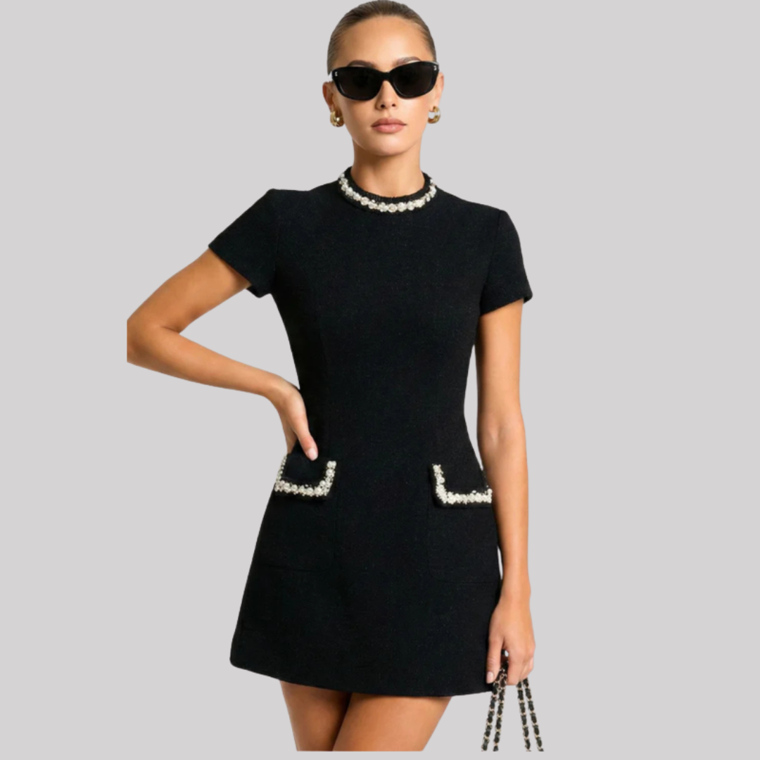 Chic Collection | Women's Mini Dress with Pearl Trim & Pocket Detail | Stylish Versatility for Spring & Summer Occasions
