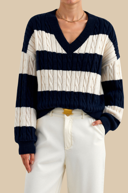 Cable Knit Color Block Sweater — Elegant Drop Shoulder V-Neck 3