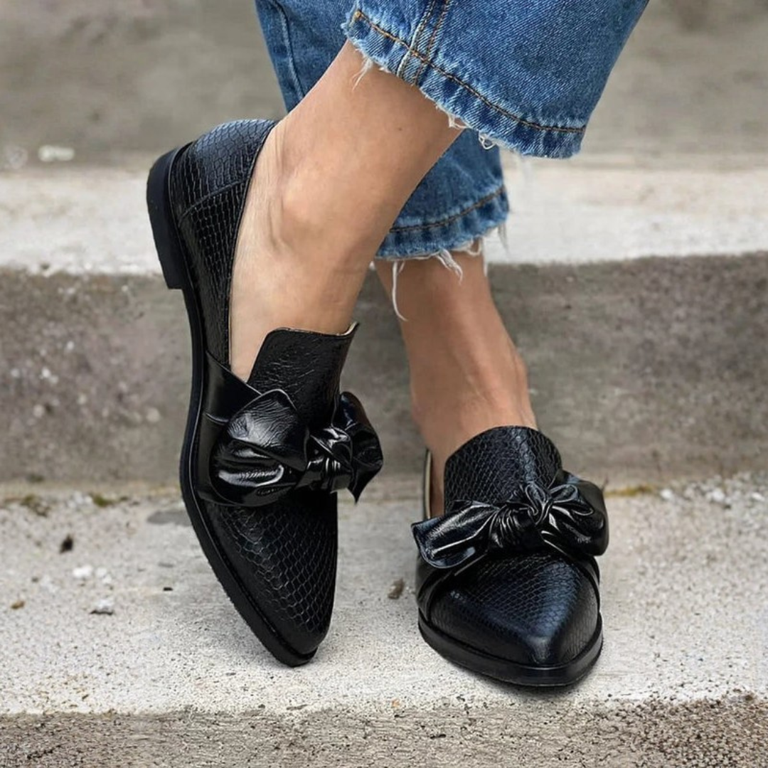 Elegant Black Loafers for Women with Shiny Bow Detail | Stylish Footwear for Any Occasion