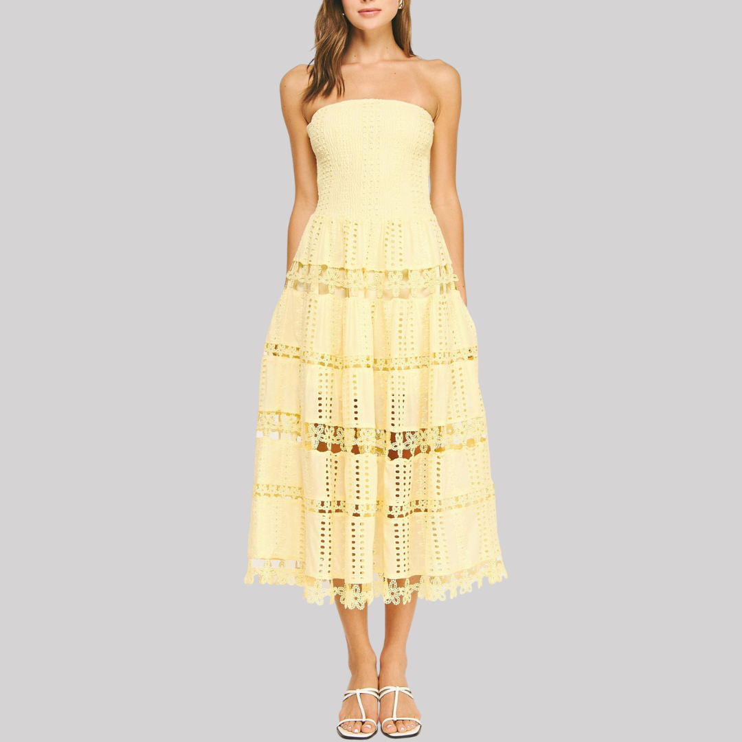 Elegant Eyelet Midi Dress | Women's Formal Dresses with Scalloped Lace Trim | Timeless Style for Effortless Elegance