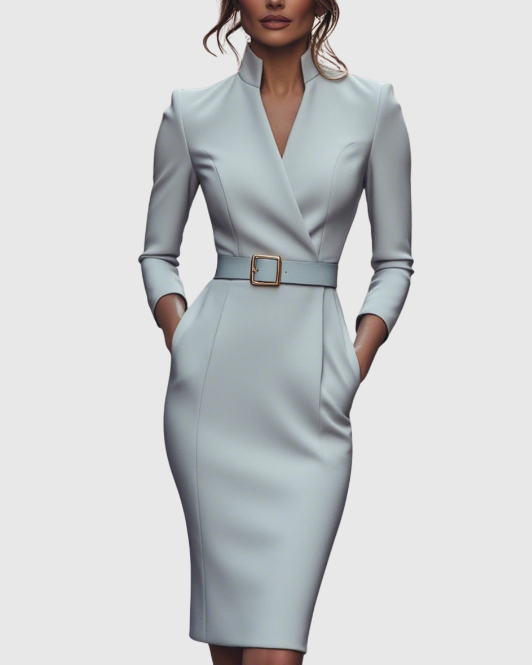 Claribel Refined Midi Dress — Mock Wrap Pencil Silhouette 11